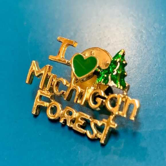 Vintage Jeweled Enamel Gold Tone Metal I HEART MICHIGAN FOREST Pin Brooch - Picture 4 of 12